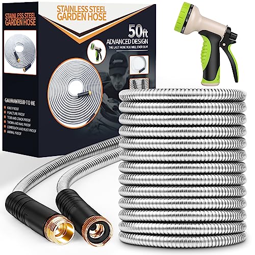 50 ft Stainless Metal Backyard Hose with 10-Operate Nozzle - Versatile, Heavy-Responsibility, Light-weight, No-Kink, Pet and Puncture Proof Metallic Hose for Out of doors Use