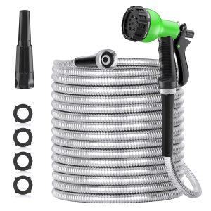 50FT Backyard Hose with 10-Operate Nozzle – Collapsible, Leak-Proof, and Kink-Free 304 Stainless Metal Water Hose for Outside Use in Yard, Garden, Backyard, Farm, and Automotive