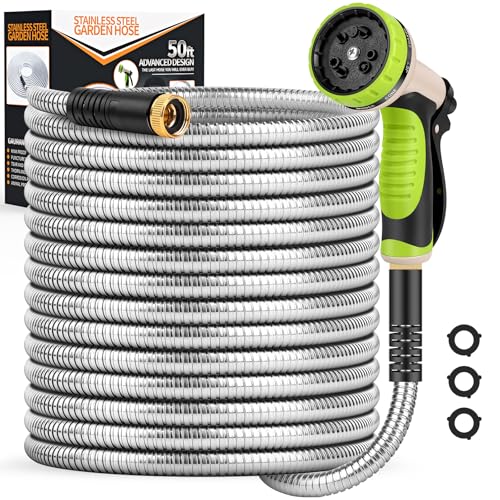 50ft Heavy-Responsibility Stainless Metal Backyard Hose with 10 Versatile Nozzles, Kink-Free, Light-weight, Versatile, Straightforward to Use and Retailer, Sturdy and Sturdy, Very best for