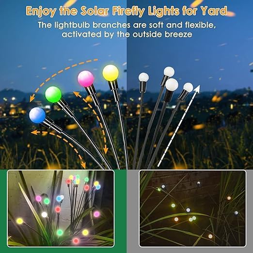 OZS RGB Colour-Altering Photo voltaic Backyard Lights - 6-Pack with 48 LEDs, Outside Photo voltaic Firefly Lights, Wind-Swaying Design, Waterproof Fairy Lights for Backyard Pathways