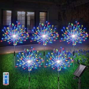 Set of 5 Photo voltaic Firework Lights with 120 LEDs – Distant-Managed Waterproof Backyard Ornamental Lights with 8 Flashing Modes for Pathway and Panorama